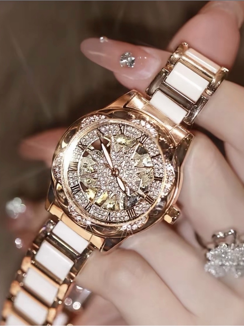 Women's Rose Gold and White Crystal Bracelet Watch